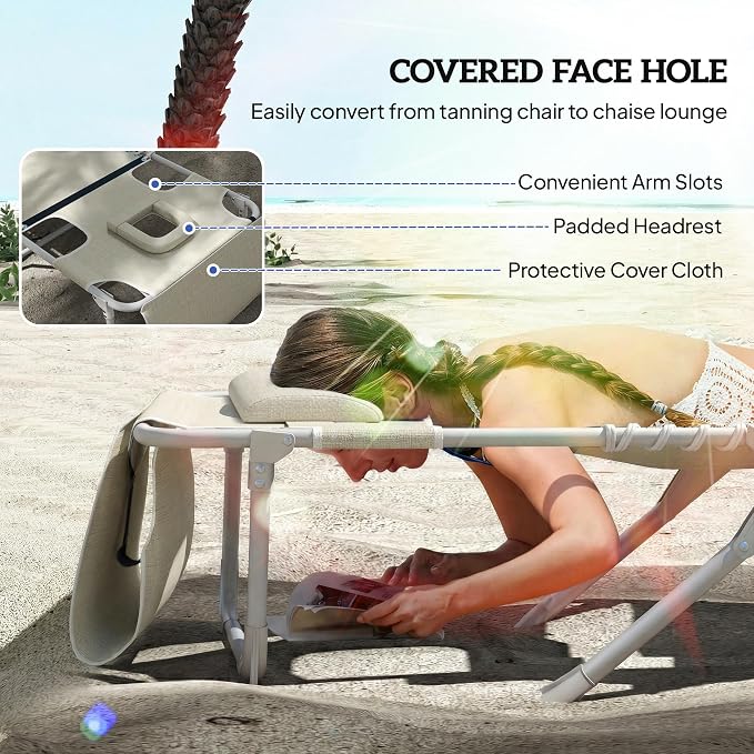 Outsunny Tanning Chair Set of 2 with Face Hole, Side Table, 5-Position Reclining Folding Chaise Lounge Chair Outdoor Lounger Recliner, Carry Straps for Beach Pool Camp, Breathable Mesh, Beige