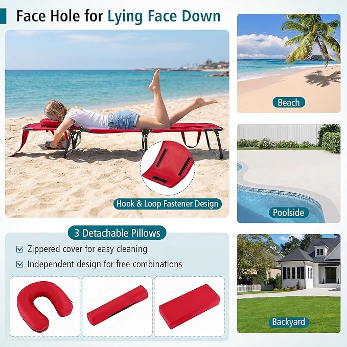 GYMAX Tanning Chair, Folding Lounge Chairs with Face Hole & Cover, Removable Pillow Carry Handle, Portable Compact Outdoor Layout Recliner for Beach, Poolside, Lawn, Patio, Camping (Red,2)
