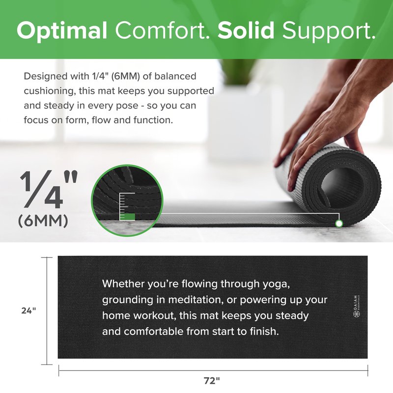 Gaiam Essentials 1/4" Thin (6mm) Yoga & Pilates, Fitness & Exercise Mat with Easy-Cinch Carrier Strap Cusion Support For Fitness and Gym Workouts