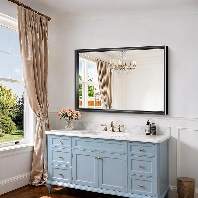 Bathroom Mirror, 42 x 30 Inch Brushed Black Rectangle Mirror, 0.6" Thickened