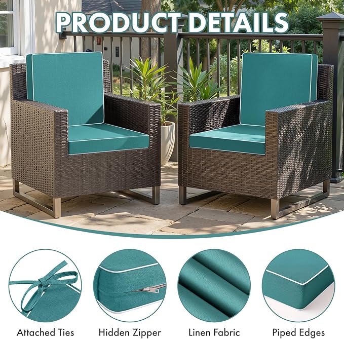 MIULEE Turquoise Outdoor Chair Cushions Set of 4, 19x19x3 Inch Waterproof Patio Seat Cushions for Outdoor Furniture Couch Sofa, 3 Year Color Fastness High Density Foam with Adjustable Ties