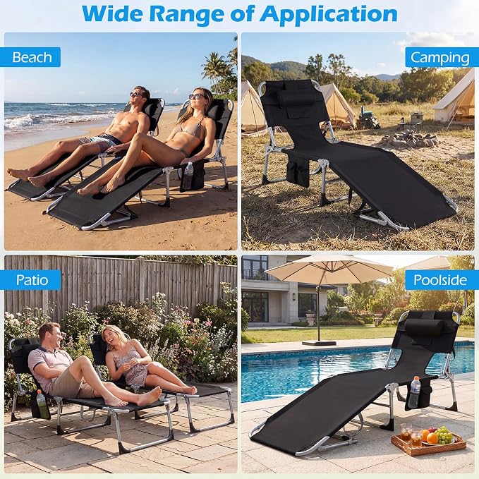 GYMAX Tanning Chair with Face Hole, Sun Bathing Lounge Chairs for Outside with Side Pocket, Folding Portable Face Down Layout Tanning Chair Beach, Backyard, Poolside, Lawn (Black,1)