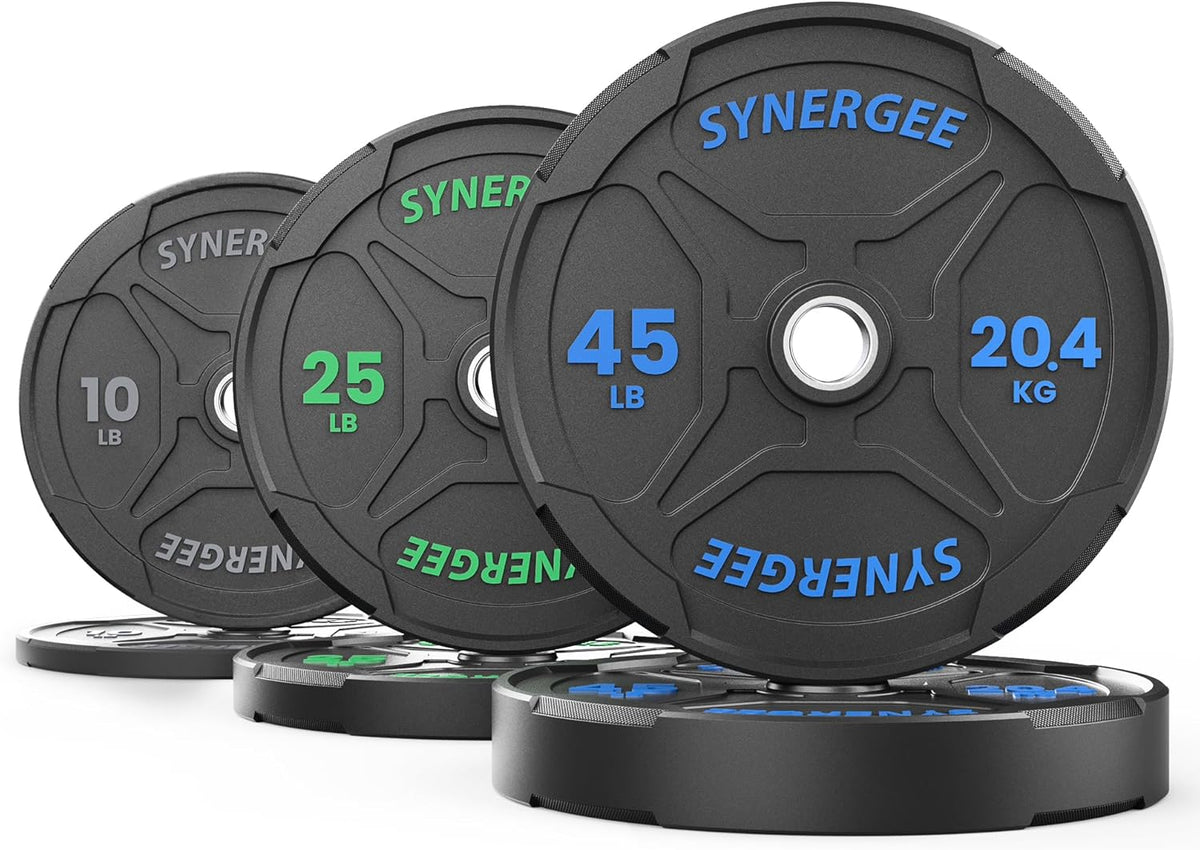 Synergee Bumper Plates – Durable Olympic Weight Plates, Low-Bounce Rubber for Strength Training, Powerlifting, and Functional Workouts.