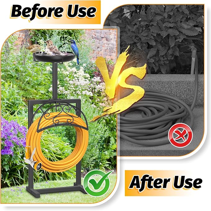 Garden Hose Holder Hanger Freestanding, Upgraded 4 Spikes Heavy Duty Storage Reel Stand with Bird Feeder Bowl, Holds 150ft Hose for Outside Garden Yard Lawn Vegetable Patch