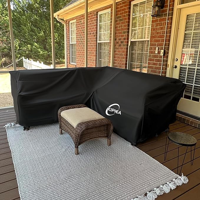 Kipiea Patio V-Shaped Sectional Sofa Cover, 420D Heavy-Duty Oxford Fabric Outdoor Sectional Cover with 6 Windproof Buckles, Anti UV and No Tears, No Fading (70"/70" L x 33.5" D x 31" H) Black