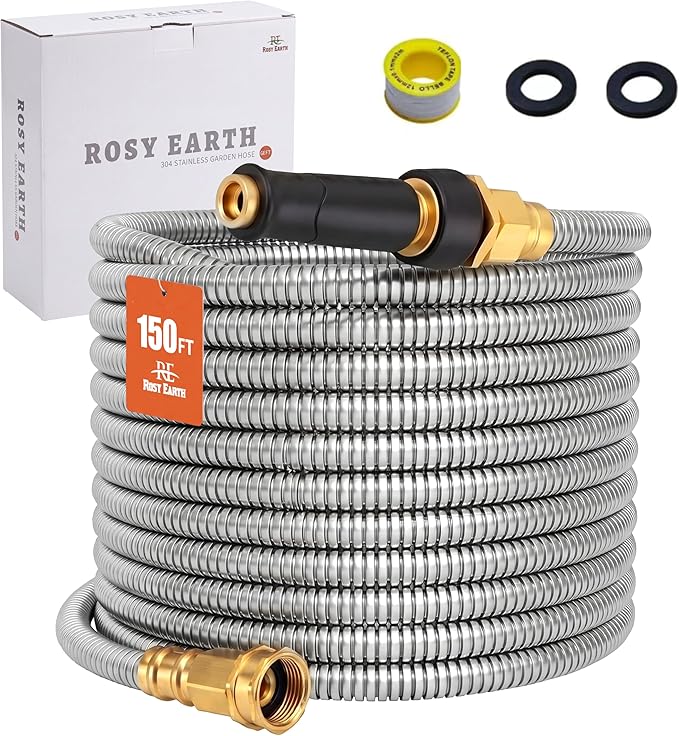 Rosy Earth Metal Garden Hose 150 FT - 304 Stainless Steel Water Hose 150 FT - Expandable Short Flexible Garden Hose,no Kink Explosion, no Bite