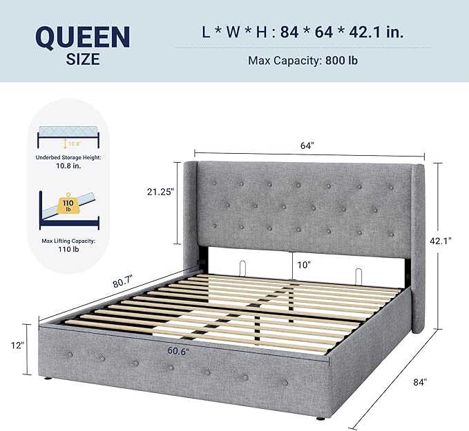 Allewie Queen Size Lift Up Storage Bed, Button Tufted Headboard with Wingback, Hydraulic Support, No Box Spring Needed, Light Grey