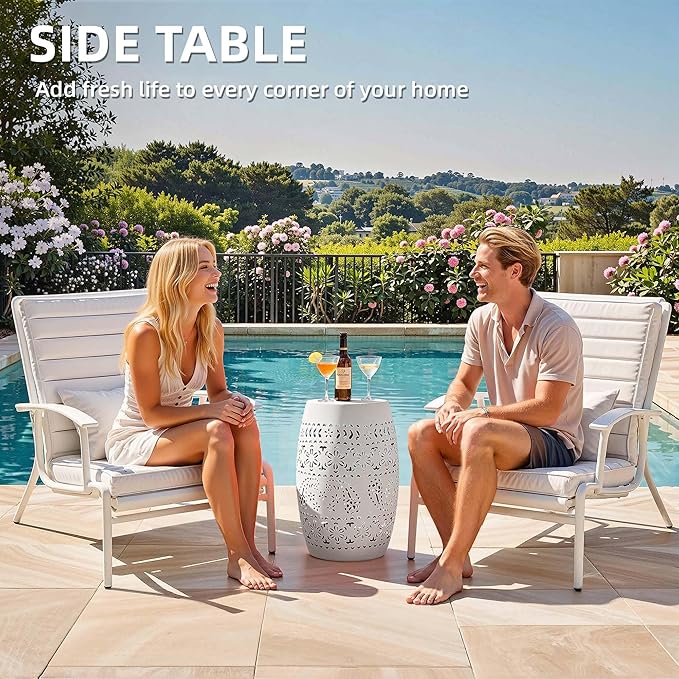 Large Outdoor Side Table, 18"H Modern Lace Cut-Out Metal End Table, Hollow Drum Coffee Table Planter Stand with No Assembly & Weather-Resistant,Decorative Garden Stool for Patio, Garden, Indoor
