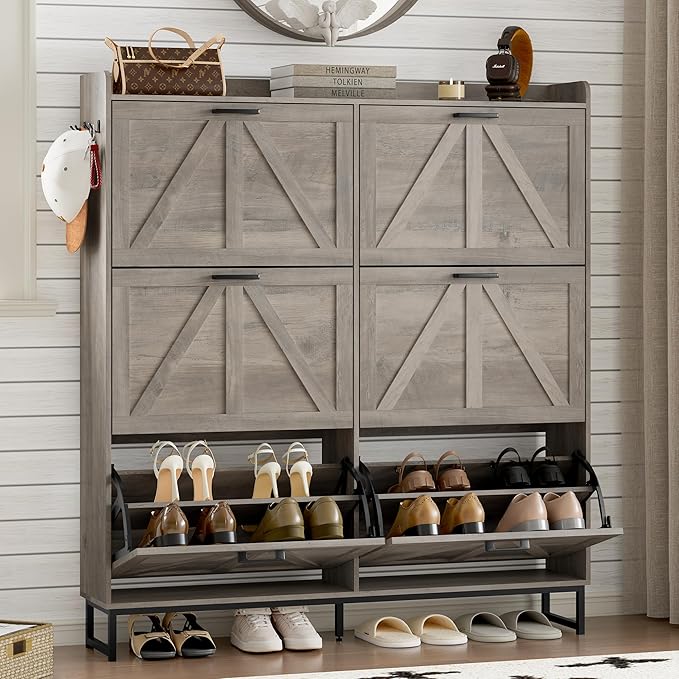 Shoe Cabinet with 6 Flip Drawers Narrow Shoe Storage Cabinet Organizer Wooden Freestanding Shoe Rack Hidden Slim Shoes Storage Cabinet for Entryway, Hallway, Living Room, Bedroom