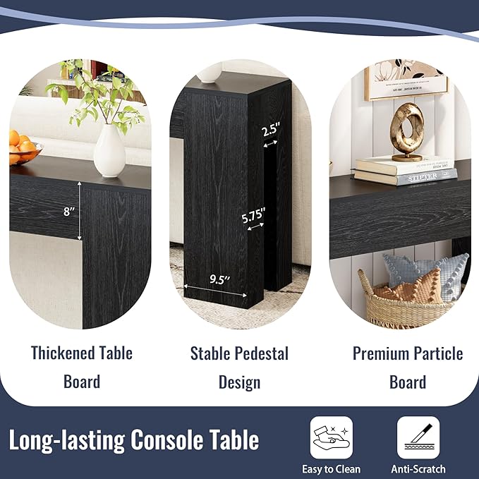 Extra Long Sofa Console Table for Entryway Living Room, 79-Inch Farmhouse Wood Behind Couch Table, Rectangular Accent Console with Wooden Double Base for Hallway Foyer Entrance, Black