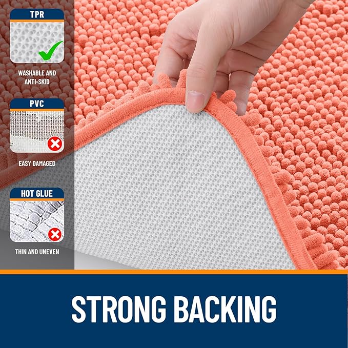 OLANLY Bathroom Rugs 47x24, Extra Soft Absorbent Chenille Bath Rugs, Rubber Backing Quick Dry, Machine Washable Bath Mats for Bathroom Floor, Tub and Shower, Home Decor Accessories, Coral