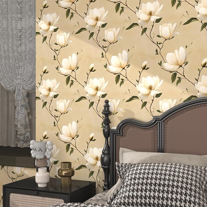 Vintage Floral Peel and Stick Wallpaper Khaki White Flowers Contact Paper