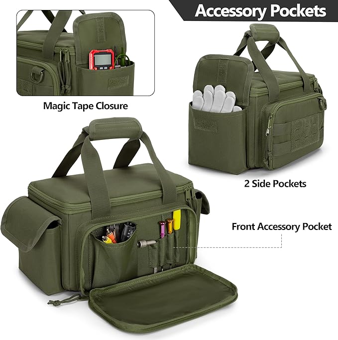 Rexmica Small Tool Bag with Anti-friction and Thick Padded Bottom, Tool Storage Organizer for Men, Tactical Range Bag, Multi-functional Work Bag for Repairman, Electrician, Carpenters (Green)