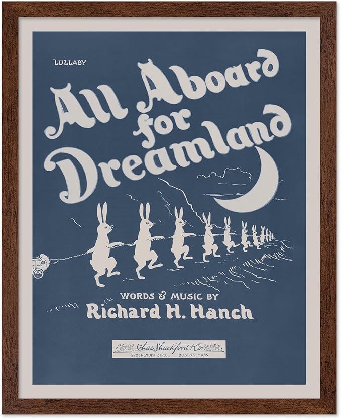 Poster Master All Aboard For Dreamland Poster - Retro Children's Lullaby Print - Story Book Art - Bunny Art - Rabbit Art - Aesthetic Art - Kid's Bedroom or Nursery Wall Decor, 16x20 Brown Framed
