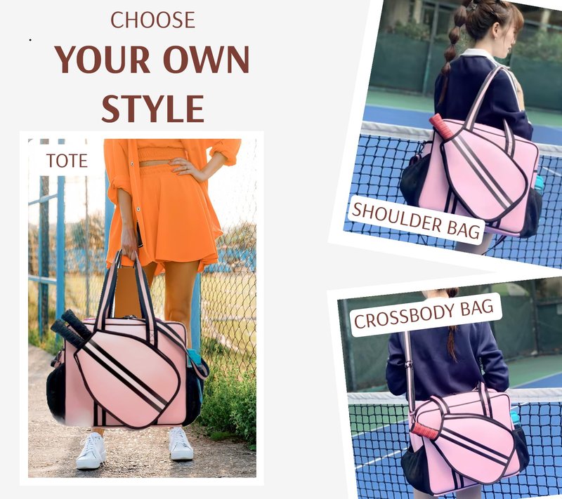 Pickleball Sports Tote Bag with Racket Holder, Neoprene, Adjustable Shoulder Strap (Pink)