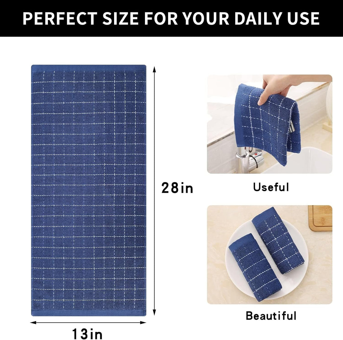 Homaxy 100% Cotton Terry Kitchen Towels(Navy Blue, 13 x 28 inches), Checkered Designed, Soft and Super Absorbent Dish Towels, 12 Pack