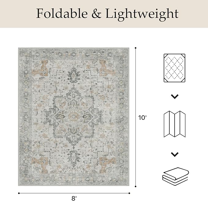 GENIMO Outdoor & Indoor Area Rug 8'x10', Waterproof, Non-Shedding, Easy Cleaning, Boho Mat for Patio, Living Room, Balcony, Dining Room, RV, Deck, Bedroom, Camping, Outside Carpet,Light Grey Brown