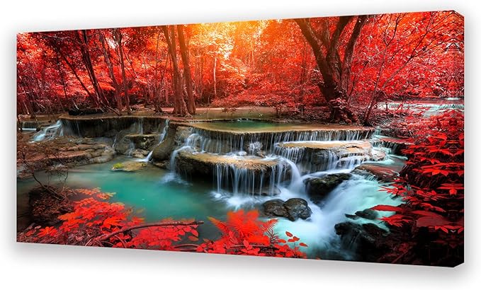 Muolunna BK03962 Wall Art Decor Canvas Print Picture Red Forest Waterfalls 1 Piece Modern Landscape Tree for Living Room Bedroom Kitchen Office Home Decorations Stretched and Framed Ready to Hang