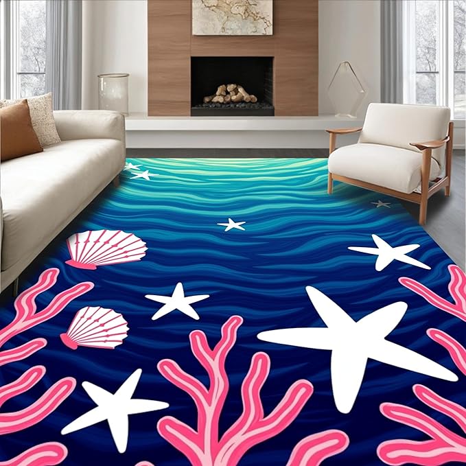 Flatwoven High Traffic Area Rug 3x5, Ocean Treasure Marine Life Bathroom Contour Ensemble, Non Slip, Stain Resistant, Washable Area Rugs for Living Room, Bedroom (Blue, 3x5)