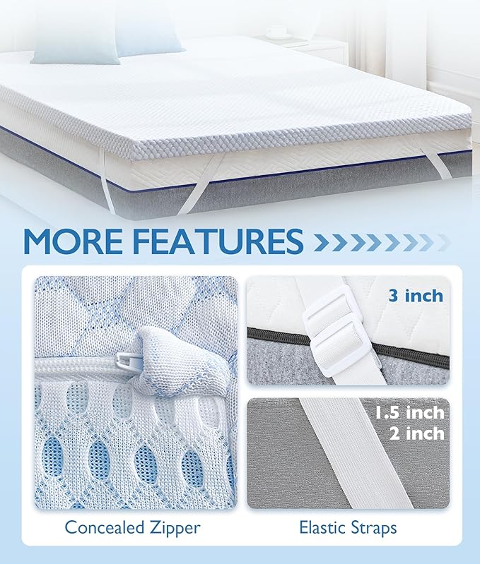 SINWEEK 1.5 Inch Twin XL Cooling Memory Foam Mattress Topper for Pressure Relief, Thick Bed Mattress Pad with Cooling Soft Cover and Adjustable Straps, CertiPUR-US Certified