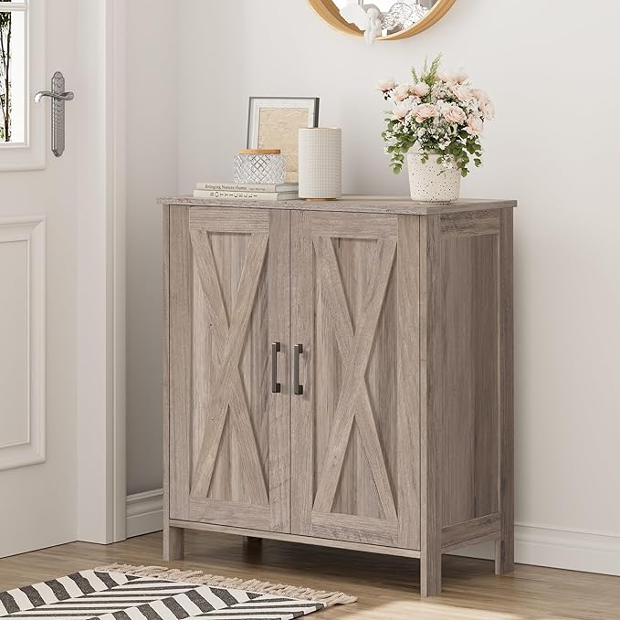 Farmhouse Shoe Cabinet with 2 Barn Doors & Wood Legs, 5-Tier Shoe Storage Cabinet with 3 Adjustable Shelves, Tall Shoe Rack Organizer for Closet, Shoe Organizer for Entryway, Hallway, Greige