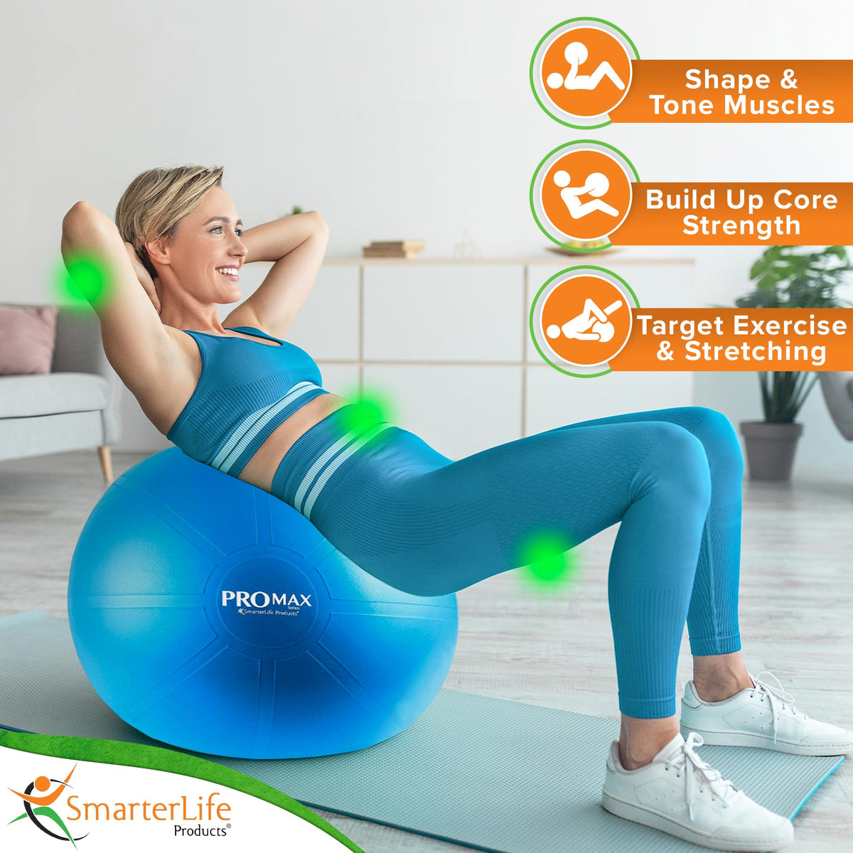 SmarterLife PRO MAX Exercise Ball – Yoga, Stability & Balance Trainer for Core Workouts, Fitness, Physical Therapy, Pregnancy & Office Chair Support – Anti-Slip, Anti-Burst (55cm, Turquoise)