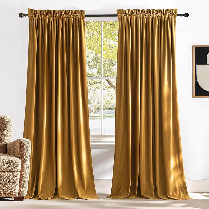 NICETOWN Mustard Gold Velvet Curtains Long Drapes, Living Room Office Luxury