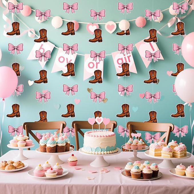 12 Pcs Hanging Boots or Bows Gender Reveal Decorations Boots and Bows Gender Reveal Confetti Western Theme Garland Brown and Pink for Cowboy Cowgirl Baby Shower Parties