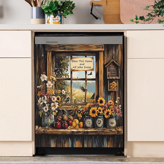 Windowsill Birds and Flowers Dishwasher Magnet Cover, Springtime Reuseable Refrigerator Magnet Cover Retro Wooden Windows Magnetic Dishwasher Decal (23 x 26 Inches)