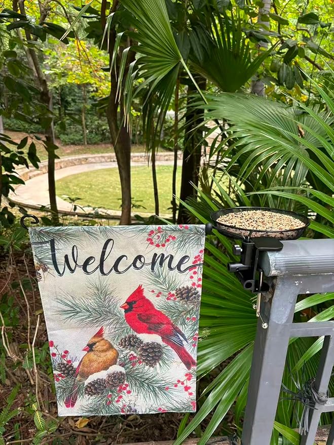 Railing Bird Feeder with Cardinal Flag for Balcony/Deck/Porch 8" Platform Bird Seed Tray and Garden Flag Handrail Mount Metal Mesh Feeder for Wildbird Feeding