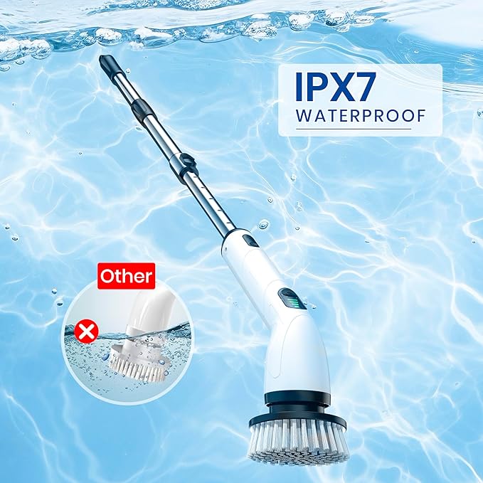 Electric Spin Scrubber, Full-Body IPX7 Waterproof Cordless Shower Scrubber with 4 Replaceable Heads, Upgraded Extension Handle, 2H Work Time, 2 Speeds for Bathroom Shower Tile Glass