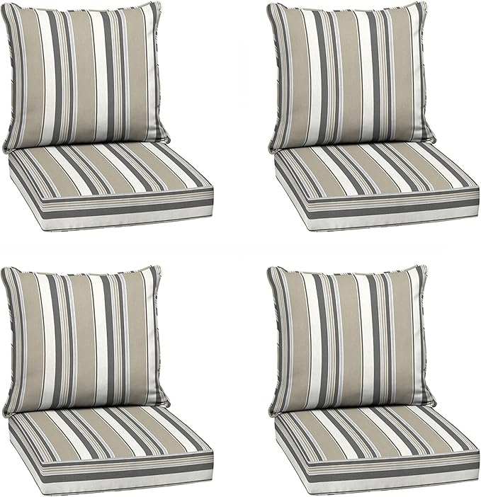 Arden earthFIBER Outdoor Deep Seat Cushion Set (4-Pack), 24 in x 24 in, Weather-Proof, Rain-Proof, Fade Resistant Patio Cushion for Chair, Sofa, and Couch Taupe Grey Boardwalk Stripe