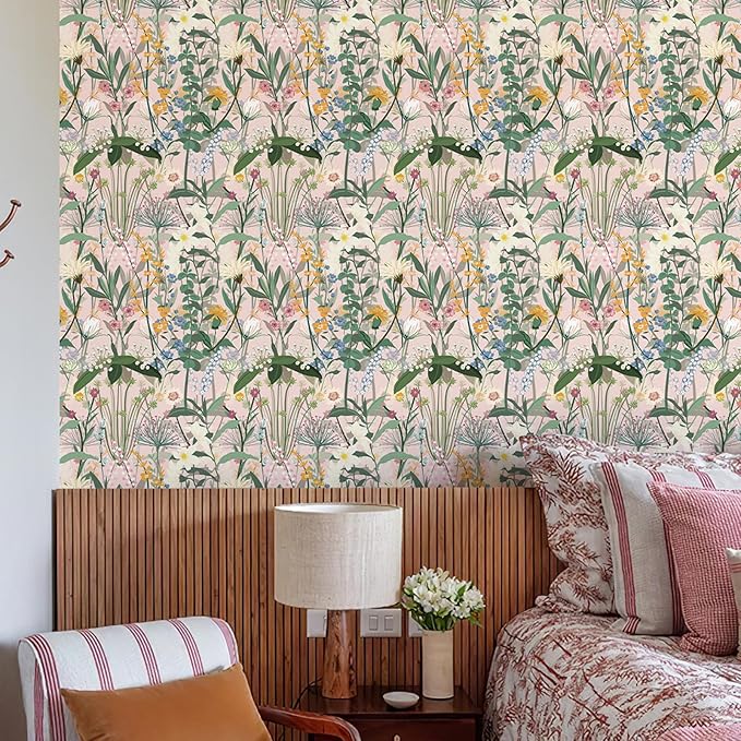 JiffDiff Floral Wallpaper Peel and Stick 17.3"x472" Pink Farm Wildwood Stick on