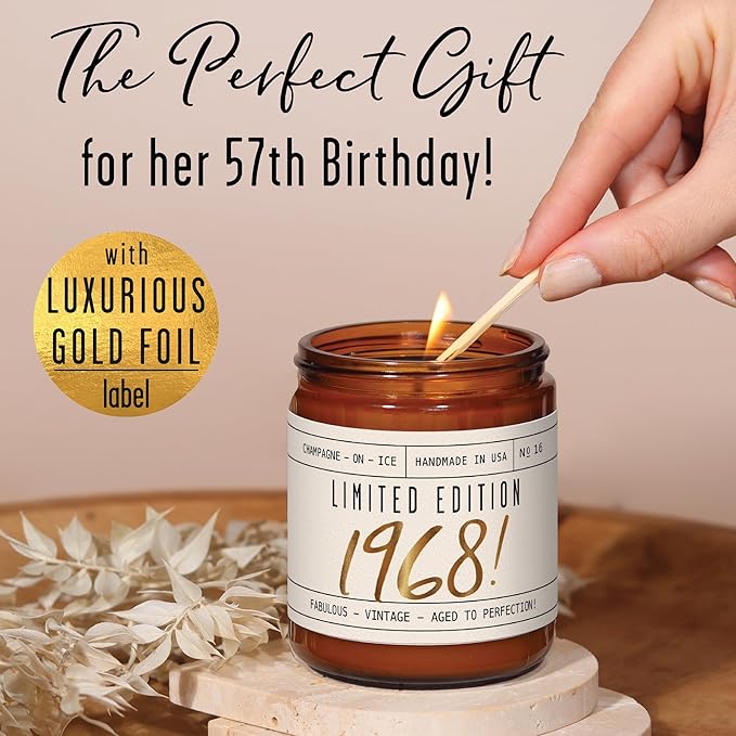 57th Birthday Gifts for Women - 'Limited Edition 1968' Soy Candle, w/Champagne on Ice I 57 Birthday Gifts for Women I 57th Gift for Her Ideas I 9oz Reusable Jar, 50Hr Burn, Made in USA
