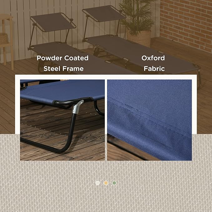 Outsunny Folding Chaise Lounge Pool Lounge Chairs Set of 2, Outdoor Sun Tanning Chairs with Canopy Shade, Reclining Back, Steel Frame and Side Pocket for Beach, Yard, Patio, Dark Blue