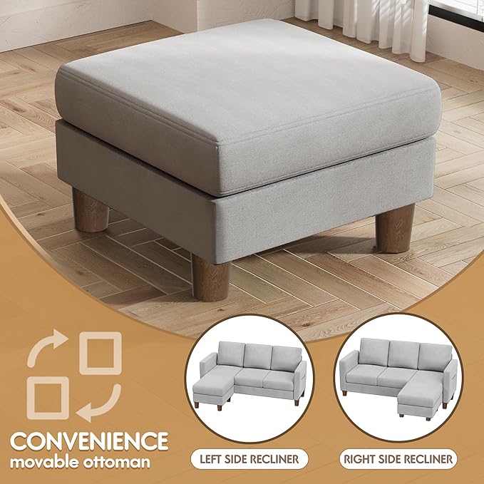 VICTONE Convertible Sectional Sofa Couch, 3 Seat L-Shaped Sofa with Linen Fabric Ottoman Small Couch for Small Apartments, Living Room and Office (Linen Fabric, Light Gray)