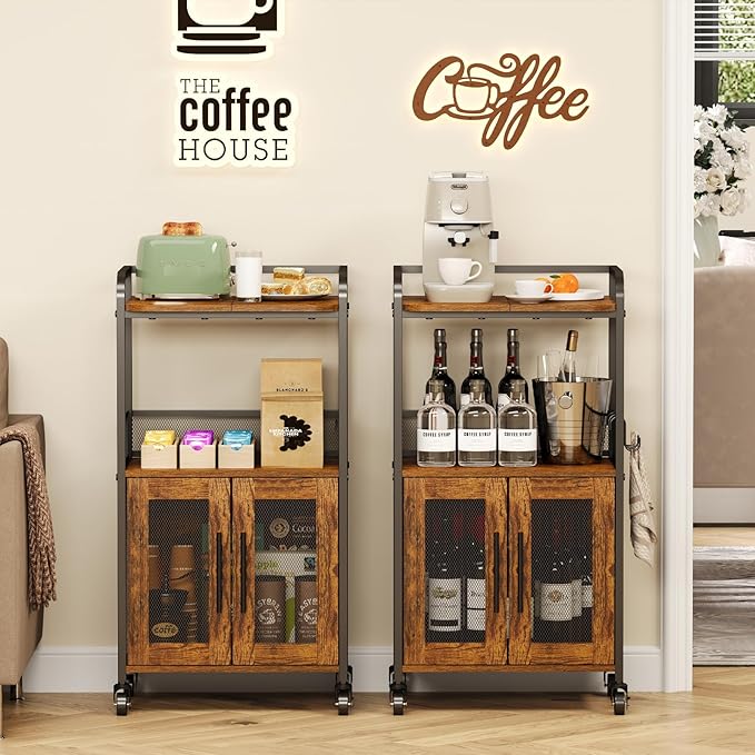 Coffee Cart, 3 Tier Coffee Cabinet with Storage, Small Coffee Station with 2 Doors, Movable Bar Cart with 4 Casters for Home Kitchen, Dining Room, Living Room (Rustic Brown) (Small)
