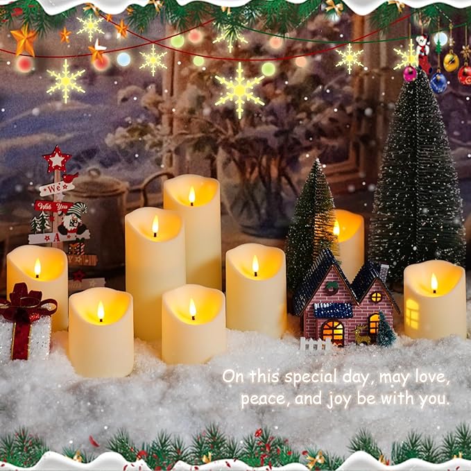Flameless Candles with Remote, Battery Operated Flickering Flameless Candles, LED Candles with Timer 2/4/6/8H, with Realistic LED Candles Set of 9 (D3 x H 3" 4" 5" 6" 7") (Ivory)