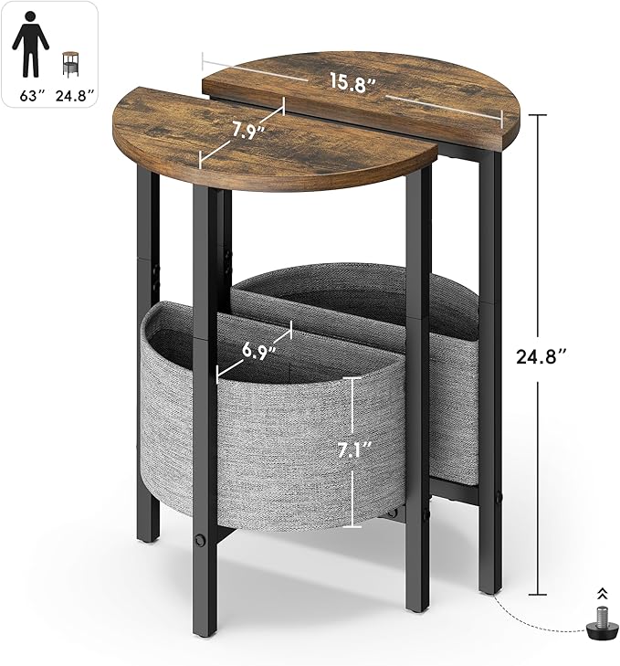 Vagusicc Small Round Side Table, Accent End Table with Storage Basket, Set of 2 Half Round Coffee Table End Table, Half Moon Bedside Table, Modern Nightstand Couch Table for Living Room Bedroom, Brown