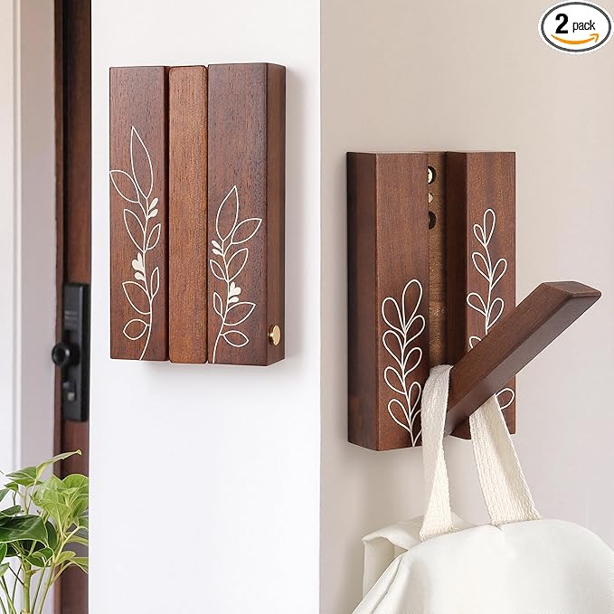 Rustic Folding Wall Hooks: Decorative Wooden Coat Hooks 2Pack Mounted