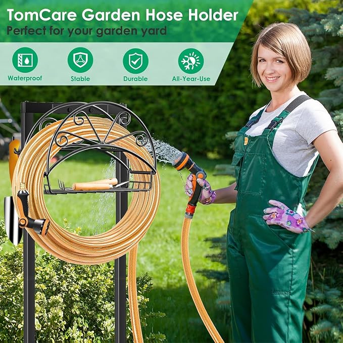 TomCare Garden Hose Holder Upgraded Water Hose Holder Heavy Duty 4 Spikes Hose Hanger Holds 160 Feet Hoses Stable Freestanding Hose Storage Organizer for Outside Yard