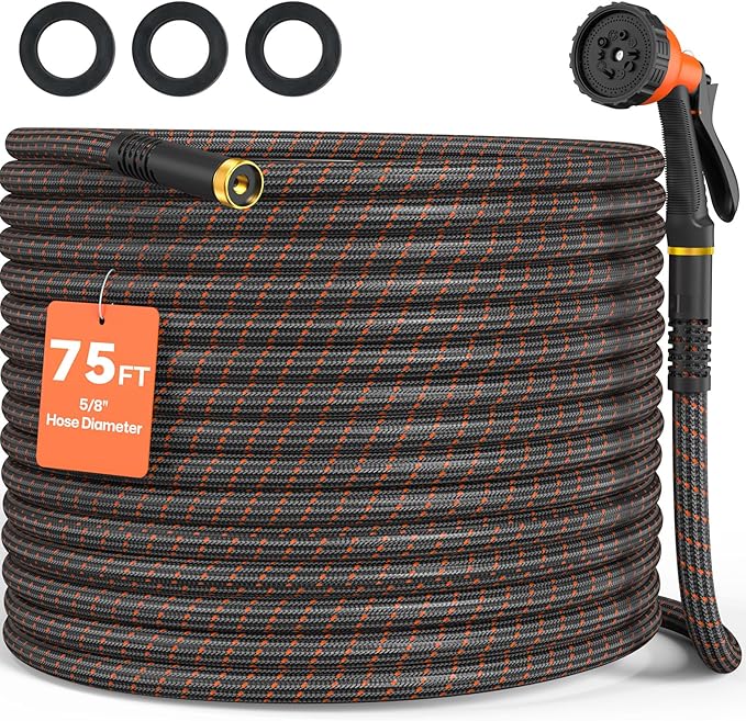 Garden Hose 75ft NON-EXPANDABLE Water Hose, 3-Layer Lightweight Nylon Braided Hose for Yard, Car Wash & Pet Shower, 600 PSI Heavy Duty Burst Kink-Free with 10-Way Nozzle & 3/4" Brass Fittings