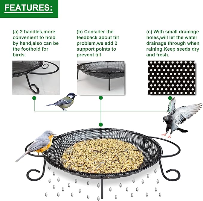 CQAIRIOU Upgraded Ground Platform Bird Feeder Tray,11.8” Stainless Steel Large Bird Feeder Mesh Seed Tray with A Exquisite Tray Station,Attract Wild Birds,Great Decoration for Garden Backyard