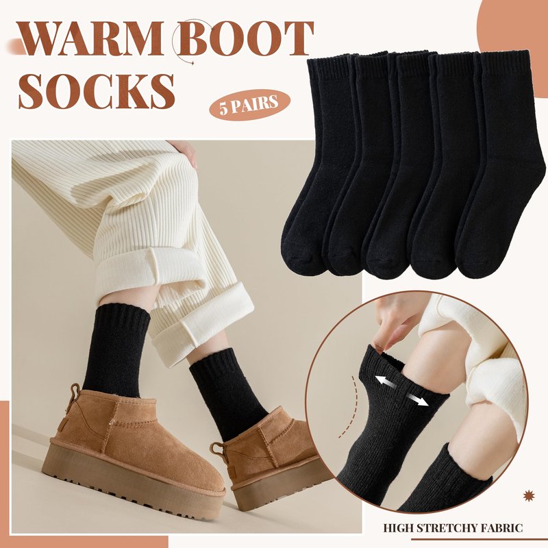 Velice Merino Wool Socks for Women 5 Pairs Warm Winter Hiking Thick Thermal Cozy Boot Work Soft Ladies Crew Socks(5 Pairs Black Socks)