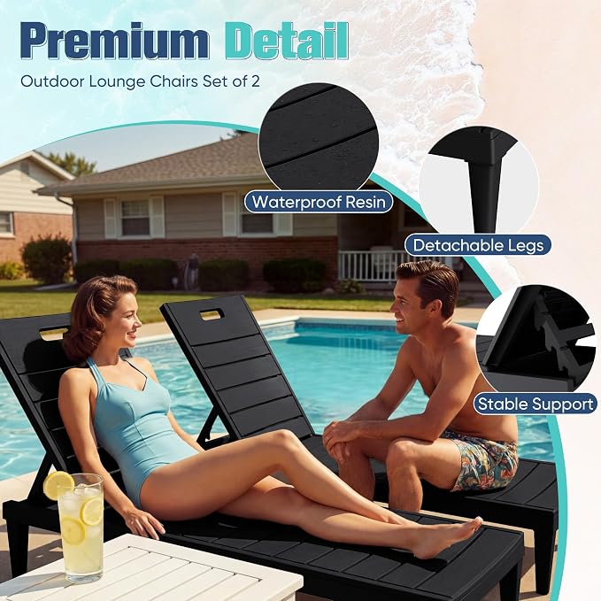 Devoko Outdoor Chaise Lounge Chair Set of 2 with 5-Position Adjustable Back, Waterproof & Lightweight PP Lounge Chairs for Outside Pool Patio (Black)