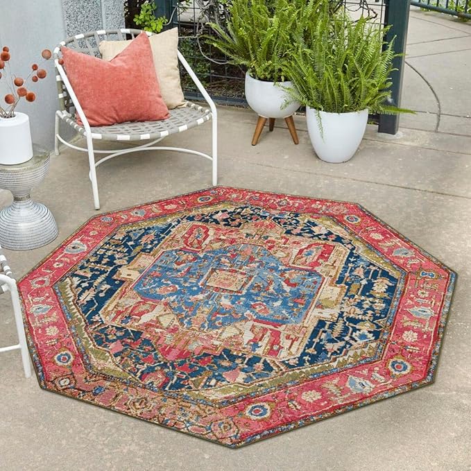 Unique Loom Outdoor Traditional Collection Area Rug - Limon (5' 3" Octagon Multi/Red)