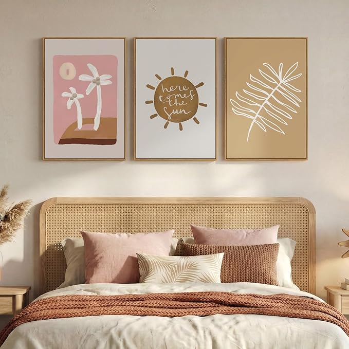 Framed Neutral Boho Abstract Wall Art Bedroom, 3 Piece Minimalist Tropical Sun