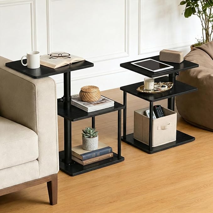 Swivel Side Table for Couch Arm, Adjustable C End Table for Recliner or Bed, Tv Trays with Storage Shelf for Small Spaces Small Nightstand Table for Living Room, Bedroom，2pc