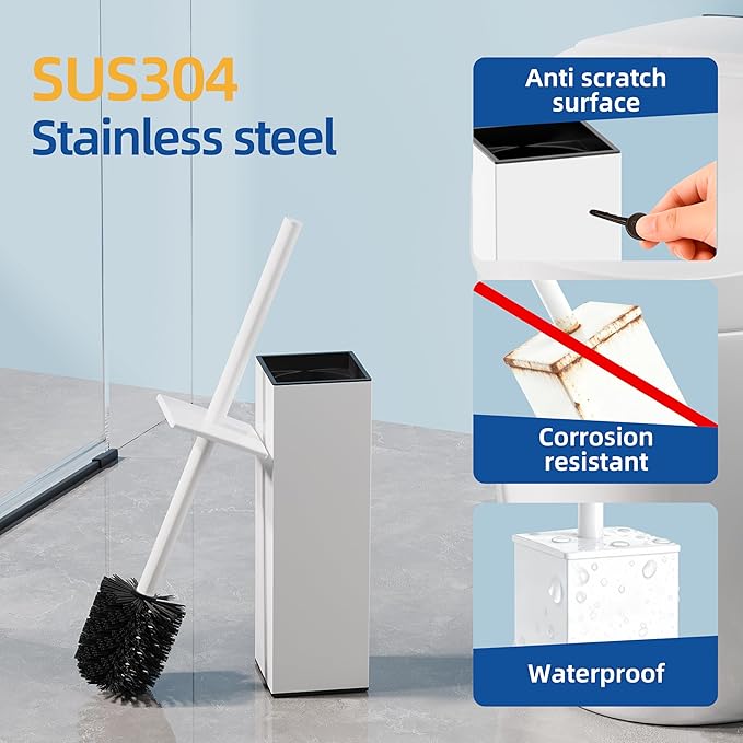 RUACQ Toilet Brush and Holder Set 2pcs,Square Toilet Bowl Brush for Bathroom with 304 Stainless Steel Handle Toilet Cleaner Brush with Durable Scrubbing Bristles,Splash-Proof (White)