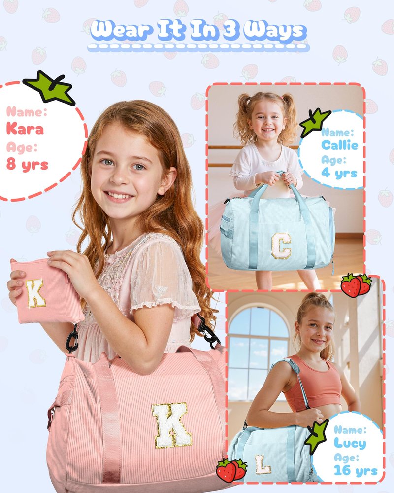 Vogewood Gifts for 4 5 6 7 8 9 10 11 12 Year Old Girl, Girls Gym Bag, Kids Personalized Dance Bags with Shoe Compartment, Customized Travel Duffle with Toiletry Bag, Holiday Gift Ideas (Letter A)